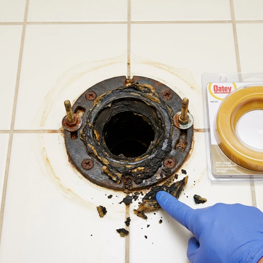 Failed wax ring showing water seepage at the base of a toilet in a Hanover, MD home