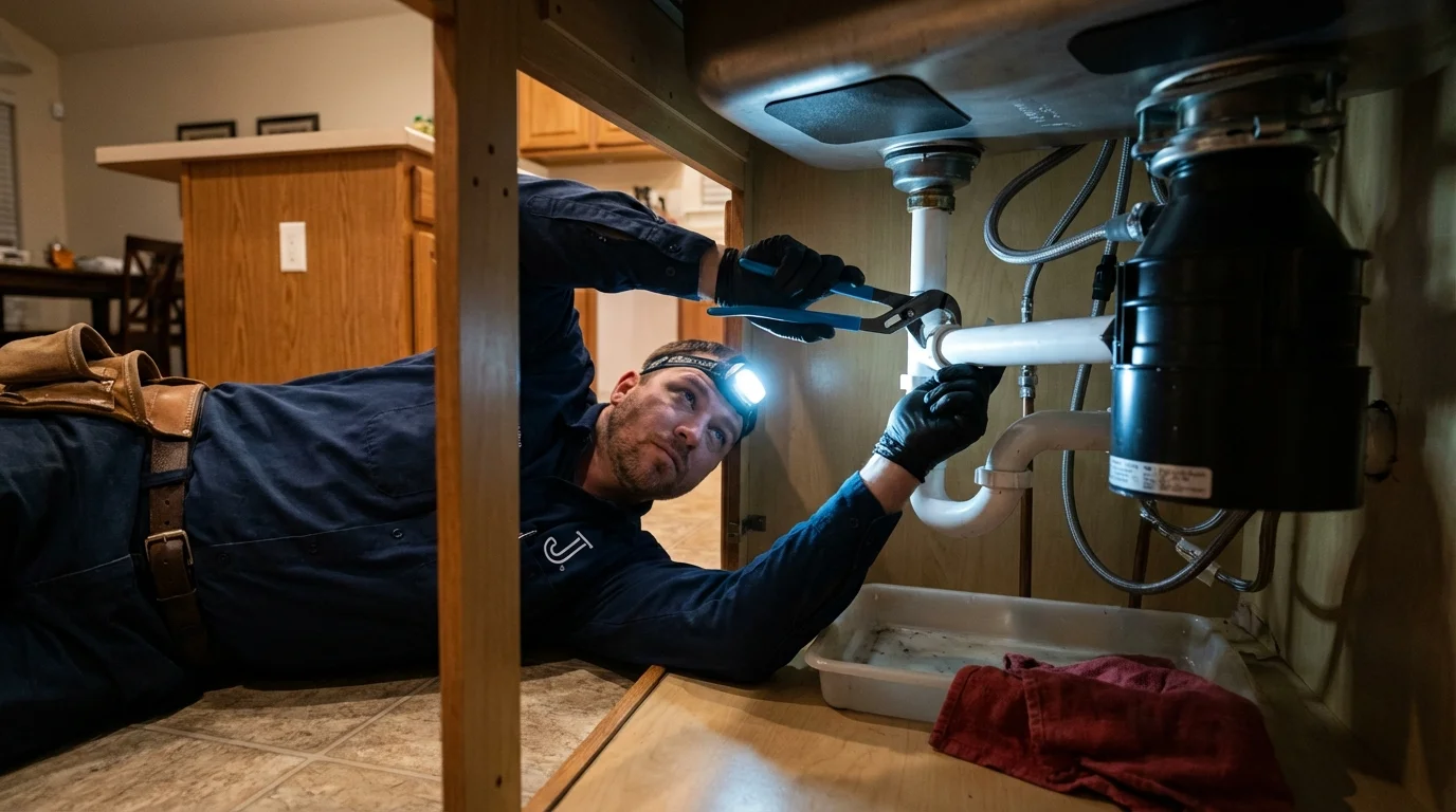 P-trap and supply line connections under a kitchen sink showing a common leak point in Hanover, MD